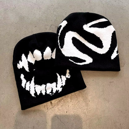 Women Hat Knitting Beanies Goth Tooth Caps Men Y2K Streetwear Winter Fashion Pullover Kpop Harajuku Vintage Warm Hip Hop Unisex