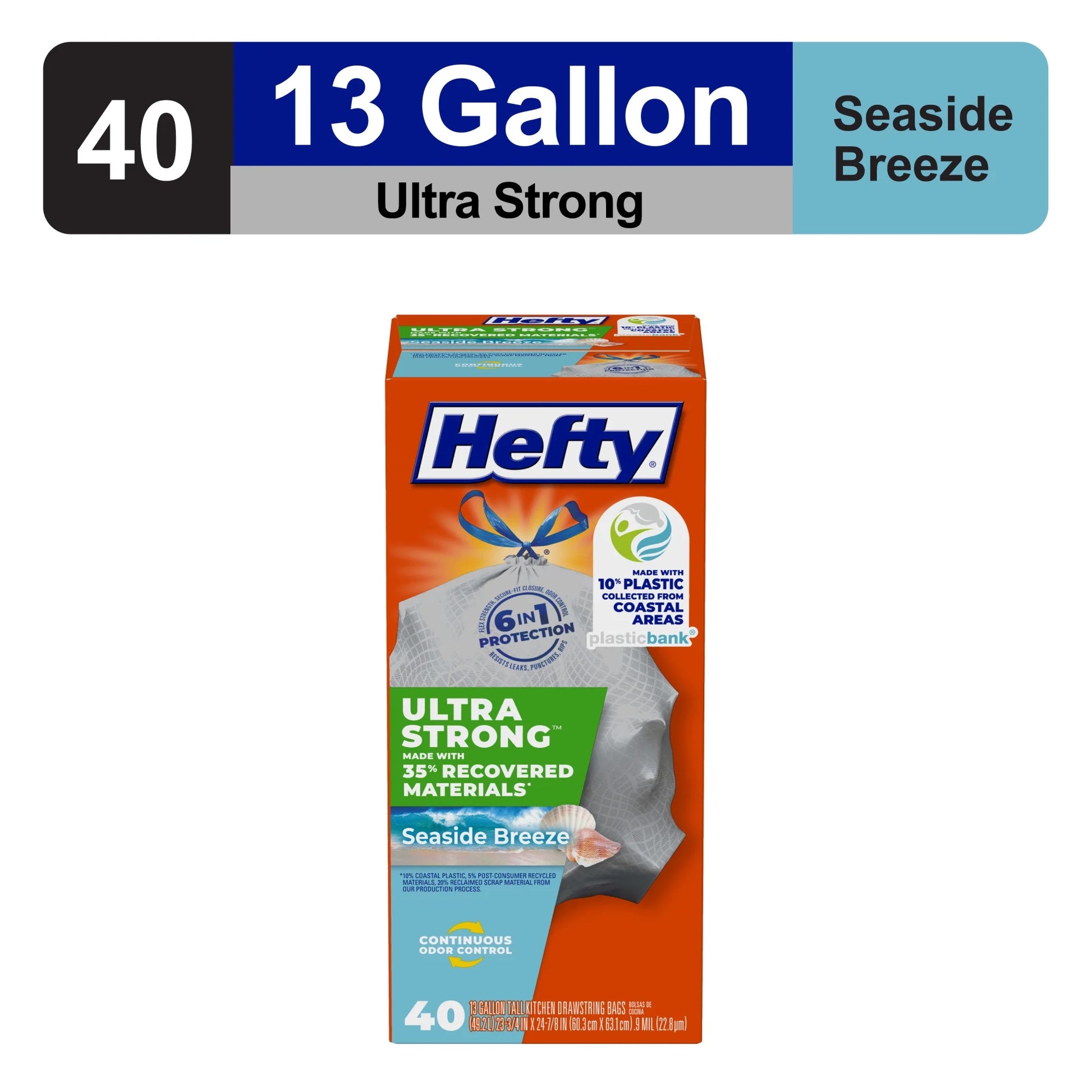 Ultra Strong 13 Gallon Trash Bags, Tall Kitchen Trash Bags Made with Recovered Materials, Including Coastal Plastic, Gray, Seaside Breeze Scent, 40 Bags