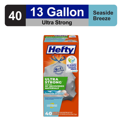 Ultra Strong 13 Gallon Trash Bags, Tall Kitchen Trash Bags Made with Recovered Materials, Including Coastal Plastic, Gray, Seaside Breeze Scent, 40 Bags